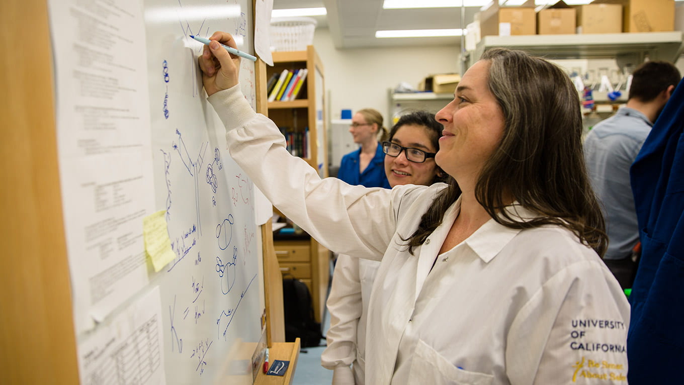 Baskin Engineering Professor Rebecca DuBois writing on a whiteboard in her lab