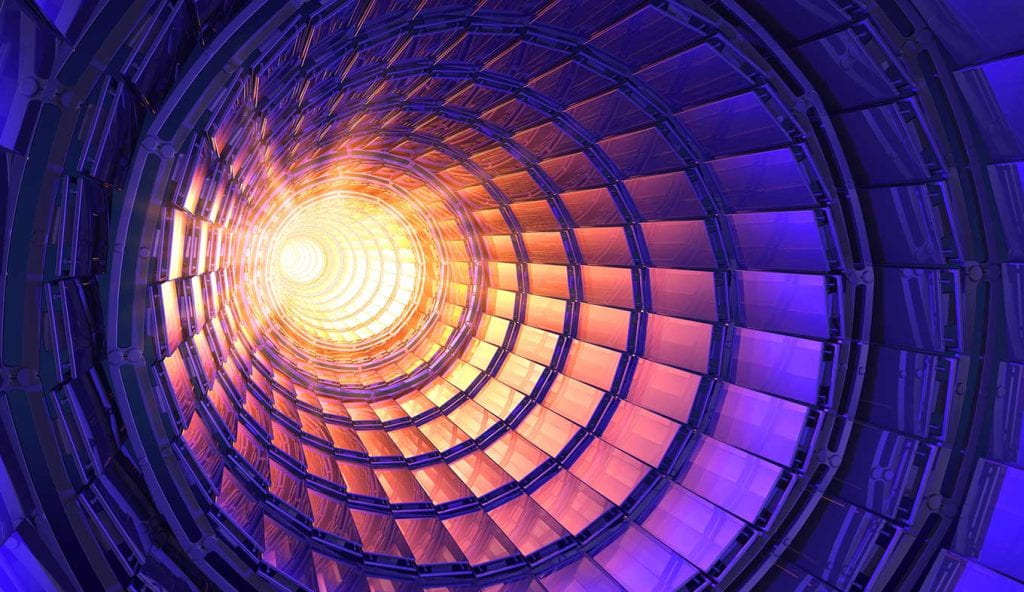 Inside a collider with a bright light at the end