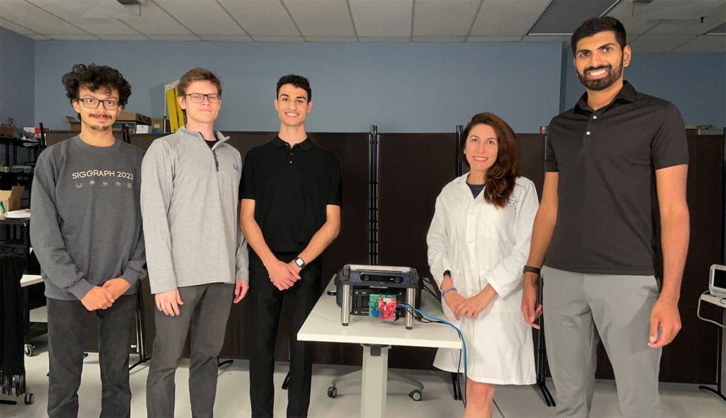 From left: UCLA researchers Pradyumna Chari, Alexander “Sasha” Vilesov, Adnan Armouti, Dr. Laleh Jalilian and Achuta Kadambi with the new device.