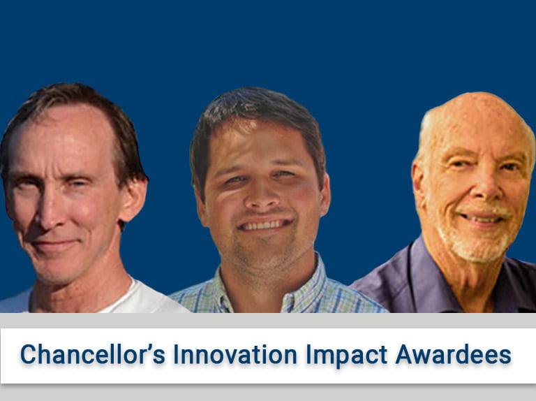 Chancellor's Innovation Impact Awardees (from left to right): Emeriti Professor Mark Akeson, Associate Professor Russell Corbett-Detig, and Emeriti Professor David Deamer