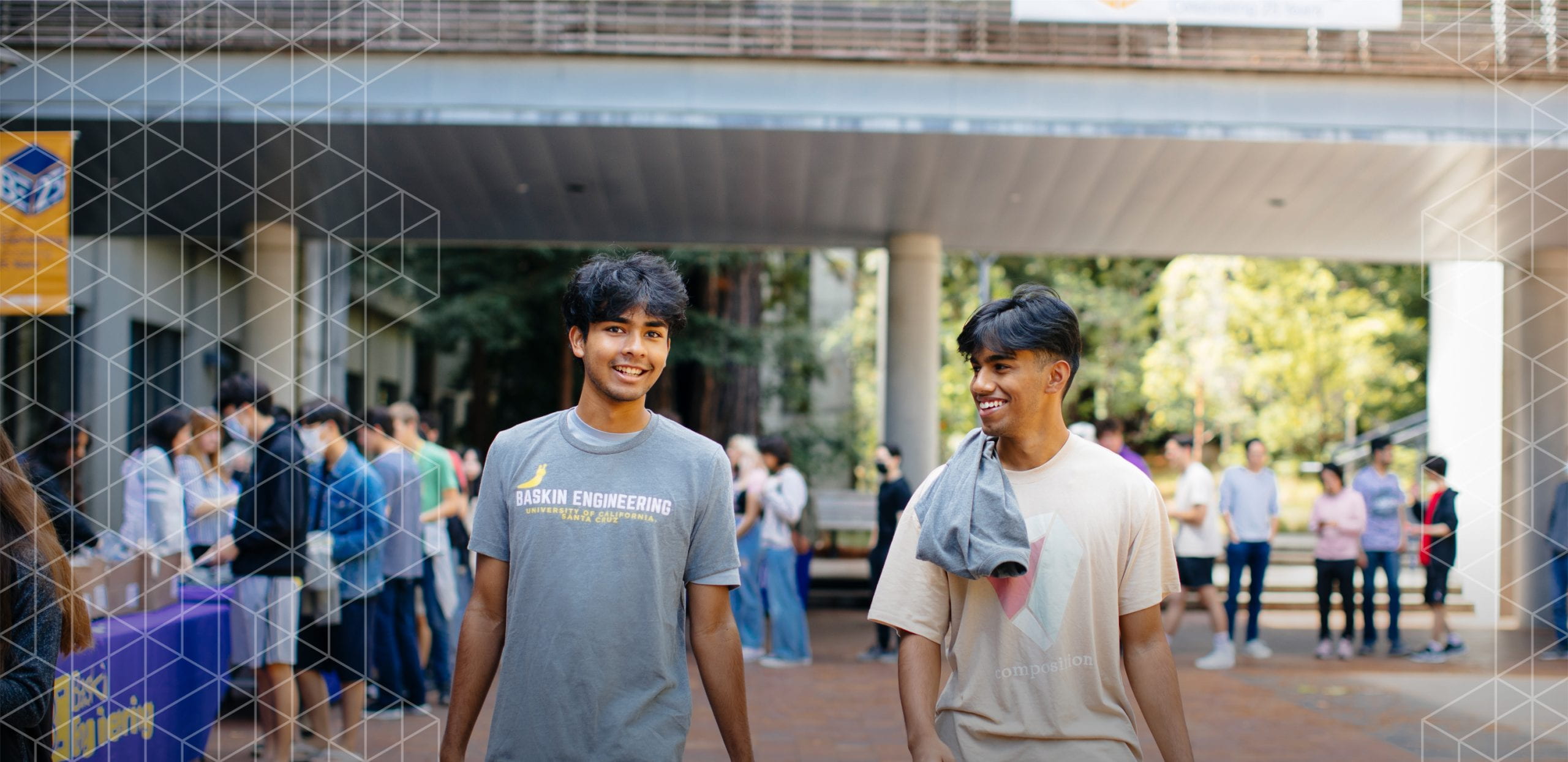 Baskin Engineering students walking in the courtyard