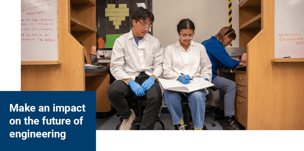 Two iGEM students in lab with overlayed text: Make an impact on the future of engineering